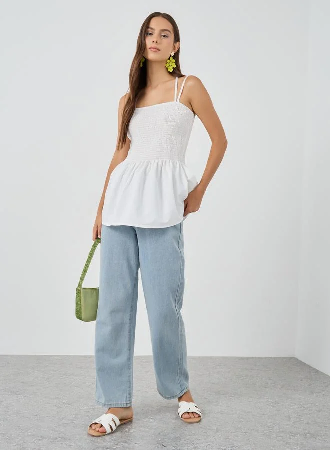 Take Two Take Two Solid Smocked Detail Strappy Top