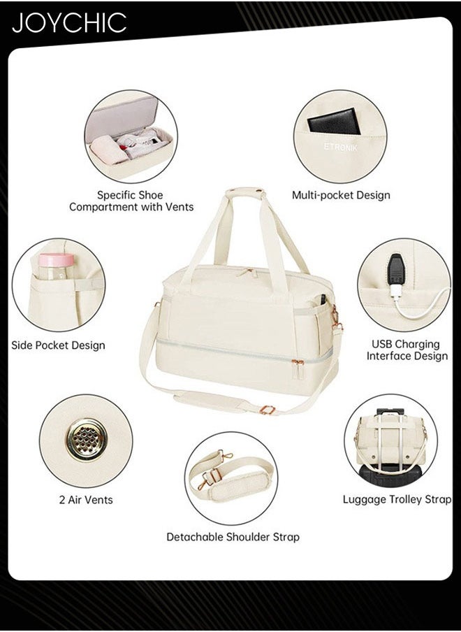 Joychic - Women Waterproof Breathable Travel Duffel Bags Large Capacity Gym Handbag with Dry Wet Separated Pocket for Sport Yoga Travel Fitness Beige - Image 1
