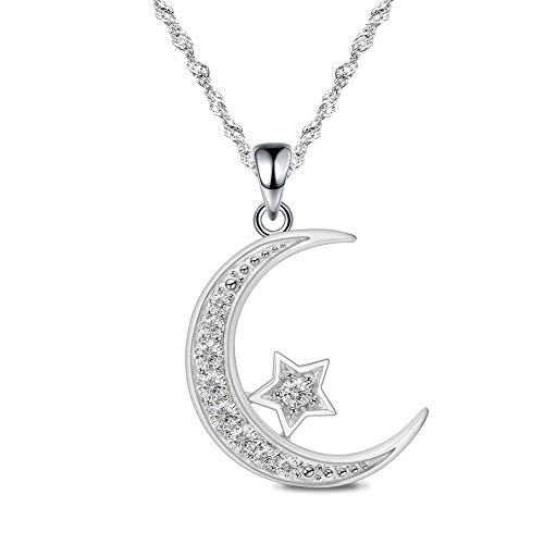 Gemschest 925 Sterling Silver Moon Necklace Cubic Zirconia Crescent Moon Star Phase Pendant Necklace Dainty Chain 18" Chain Silver Necklace for Mom Women Ladies (Crescent Moon) - Image 1
