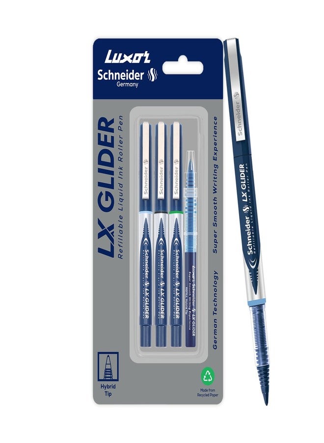 Luxor Schneider, LX Glider Pens, Pack of 3, Ink- (Blue, Black, Green) +1 Refill, Hybrid Tip, Refillable, Liquid Ink Roller Pen, A Perfect Pen for Discerning Professionals - Image 1