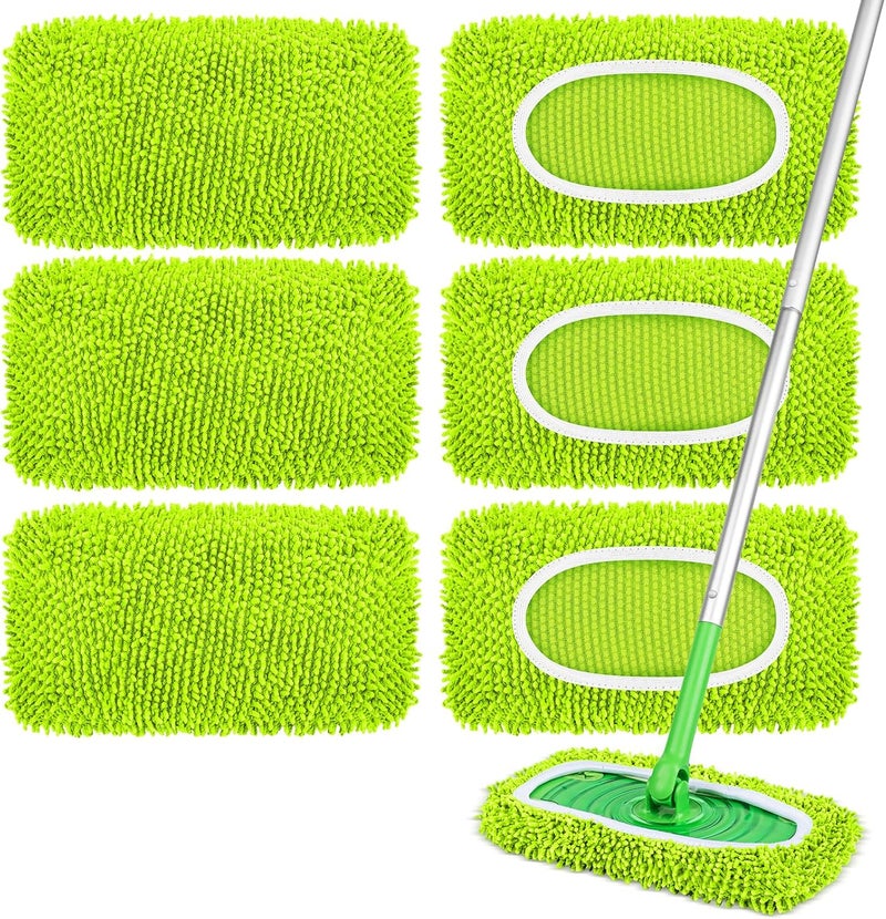 YHOVID 6 قطع من وسادات الممسحة القابلة لإعادة الاستخدام المتوافقة مع منظف Swiffer، أقمشة الكنس الجافة وأقمشة المسح الرطبة - وسادات ممسحة من الألياف الدقيقة للأرضيات الخشبية، تنظيف الأرضيات، الأرضيات الخشبية (أخضر فسفوري) - Image 1