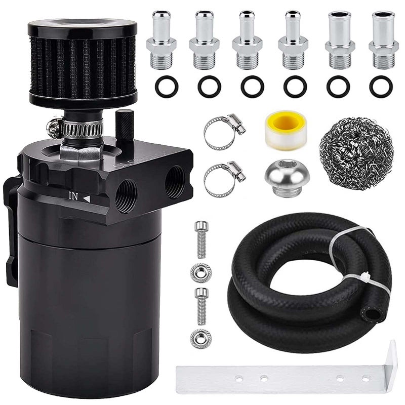 BOMLING Universal Baffled Oil Catch Can 300ml Aluminum Polish Oil Separator Catch Can Kit Reservoir Tank with Breather Filter 38 NBR Fuel Line6 FittingsNecessary AccessoriesBlack