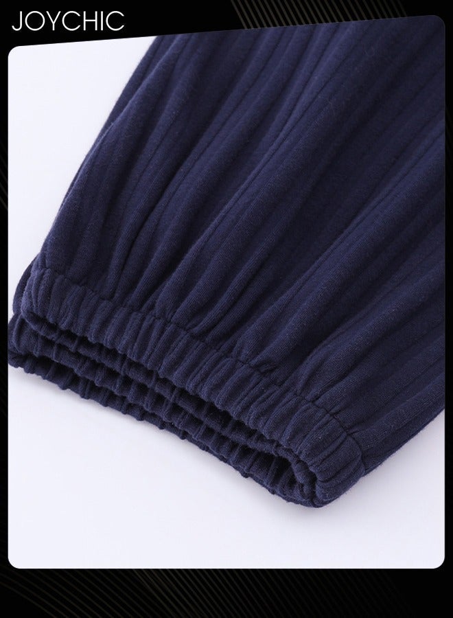 NIBEMINENT Men's Spring and Autumn Pajama Bottom Double-side Pure Cotton Skin-friendly Sleep Trousers Loose Comfortable Home Pants with Pockets Dark Blue  - Image 2