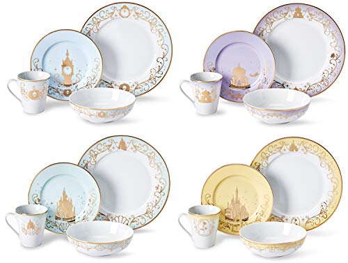Disney Themed Dinnerware Set  16 Ceramic Dishes 4 Place Settings  Collection 1 Cinderella Aladdin Little Mermaid  Beauty and the Beast Colorful Dinner  Dessert Plates Bowl  Mug