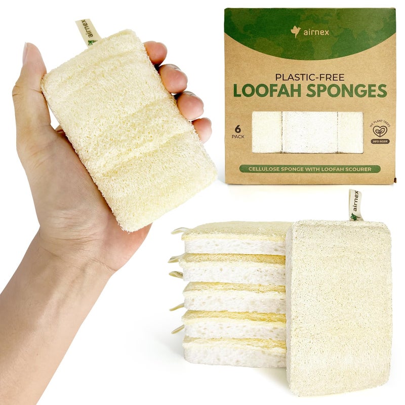 AIRNEX Natural Loofah Sponges for Dishes Pack of 6  Compostable and Cellulose Kitchen Loofah  Plastic Free Dish Sponges Kitchen with Cotton Hanging Loop