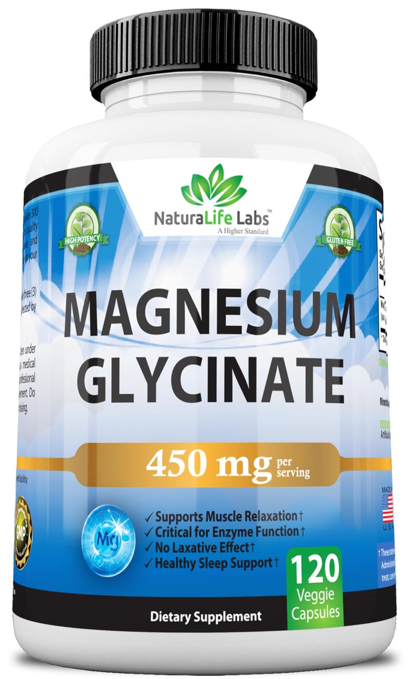 NaturaLife Labs Magnesium Glycinate 450 MG No Laxative Effect Vegan Helps Function of Muscles Bones NonGMO 120 Veggie Capsules