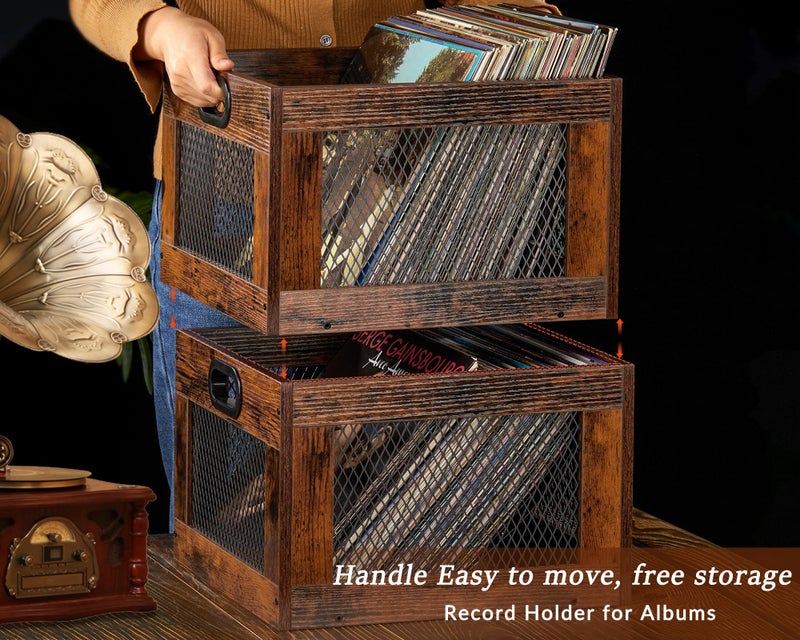3IngSeagulls Vinyl Record Storage Crate Wooden Record Holder, Classic Cube Record Organizer Storage 100+ Records, Brown Color Vinyl Record Holder for Albums Super Easy to Assembleâ€¦ - Image 5