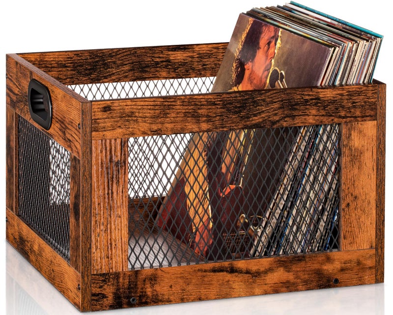 3IngSeagulls Vinyl Record Storage Crate Wooden Record Holder, Classic Cube Record Organizer Storage 100+ Records, Brown Color Vinyl Record Holder for Albums Super Easy to Assembleâ€¦ - Image 1
