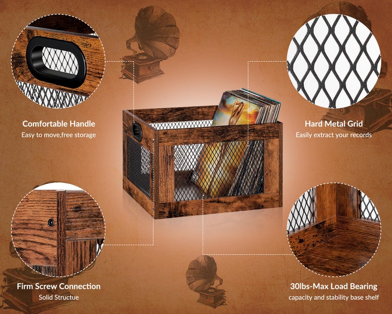 3IngSeagulls Vinyl Record Storage Crate Wooden Record Holder, Classic Cube Record Organizer Storage 100+ Records, Brown Color Vinyl Record Holder for Albums Super Easy to Assembleâ€¦ - Image 3
