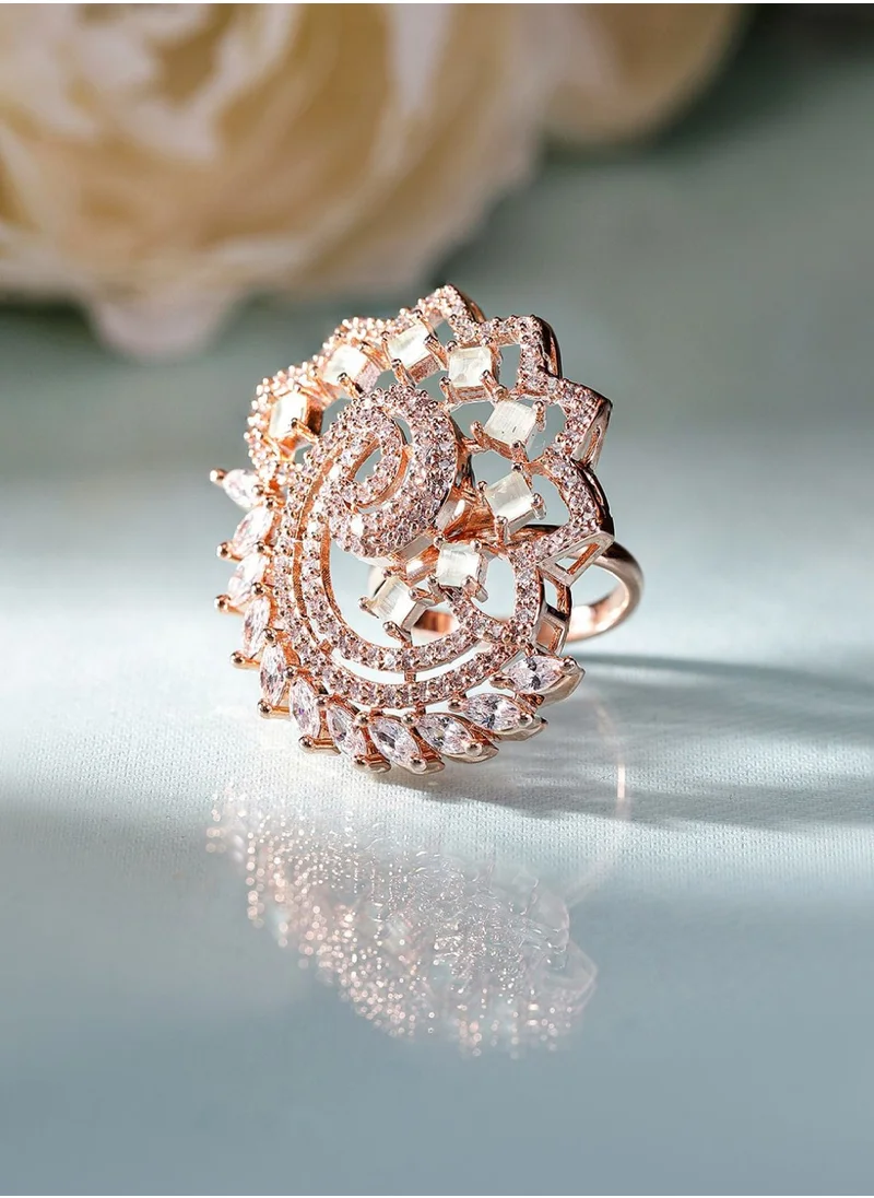 Priyaasi Rose Peacock Shaped American Diamond Stone-Studded Finger Ring