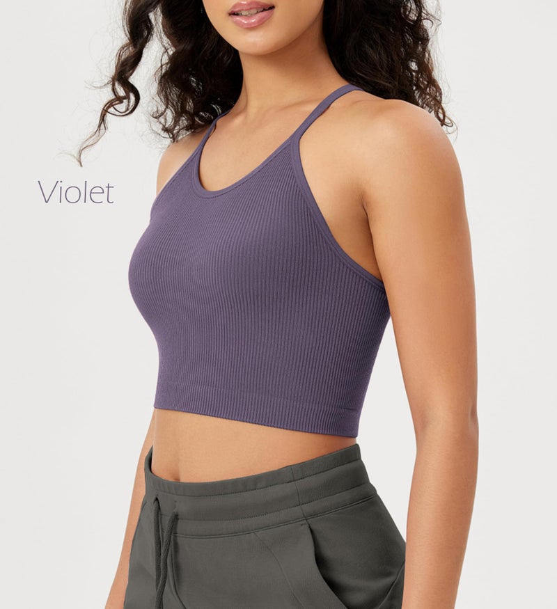 ODODOS Women's Crop 3-Pack Seamless Rib-Knit Camisole Crop Tank Tops, Pink Lace Violet Iceberg, Medium/Large - Image 3