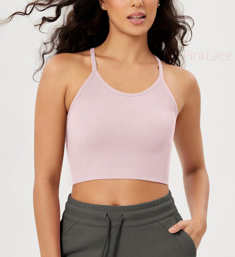 ODODOS Women's Crop 3-Pack Seamless Rib-Knit Camisole Crop Tank Tops, Pink Lace Violet Iceberg, Medium/Large - Image 2