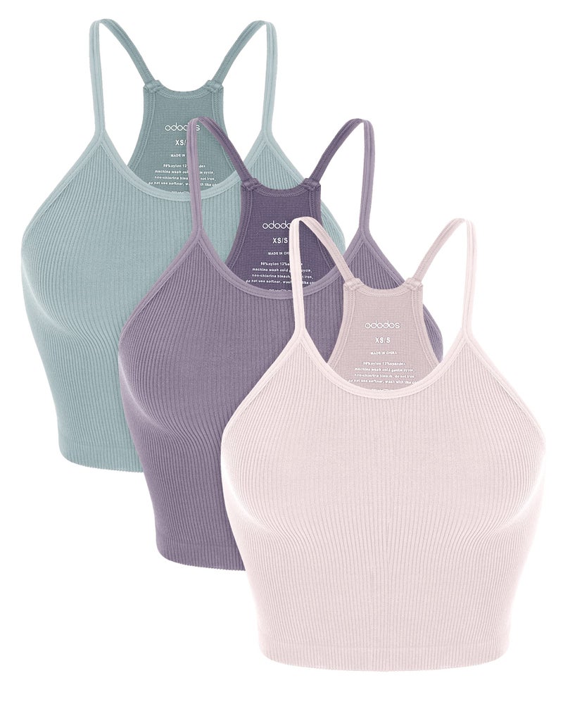 ODODOS Women's Crop 3-Pack Seamless Rib-Knit Camisole Crop Tank Tops, Pink Lace Violet Iceberg, Medium/Large - Image 1