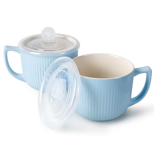ZEBERBO Ceramic Soup Bowls with Vented Lid, 32 Ounce Soup Mug with Handle, 2packs 5 inch Jumbo Soup Cups, Wide Large Cereal Bowl for Oatmeal, Gumbo Salad, Microwave Oven Safe (GlossBlue) - Image 1