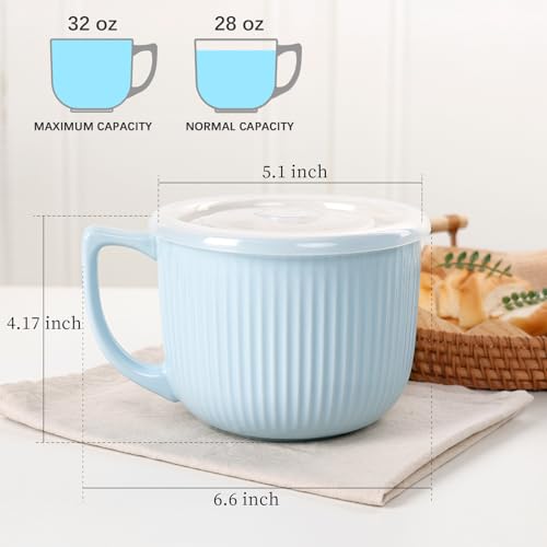 ZEBERBO Ceramic Soup Bowls with Vented Lid, 32 Ounce Soup Mug with Handle, 2packs 5 inch Jumbo Soup Cups, Wide Large Cereal Bowl for Oatmeal, Gumbo Salad, Microwave Oven Safe (GlossBlue) - Image 2