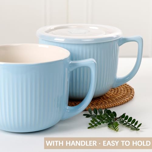 ZEBERBO Ceramic Soup Bowls with Vented Lid, 32 Ounce Soup Mug with Handle, 2packs 5 inch Jumbo Soup Cups, Wide Large Cereal Bowl for Oatmeal, Gumbo Salad, Microwave Oven Safe (GlossBlue) - Image 3