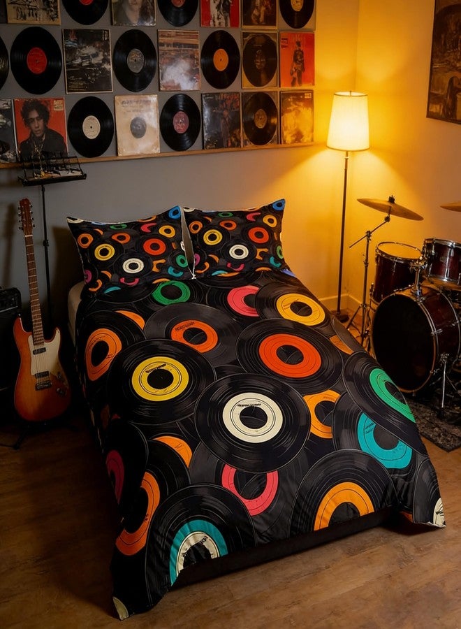 Homewish Musical Theme Comforter Cover Set Colorful Vinyl Records Decor Duvet Cover (No Comforter) with Zipper Ties Soft Microfiber Bedspread Cover (1 Duvet Cover + 2 Pillow Cases) Queen Size - Image 1