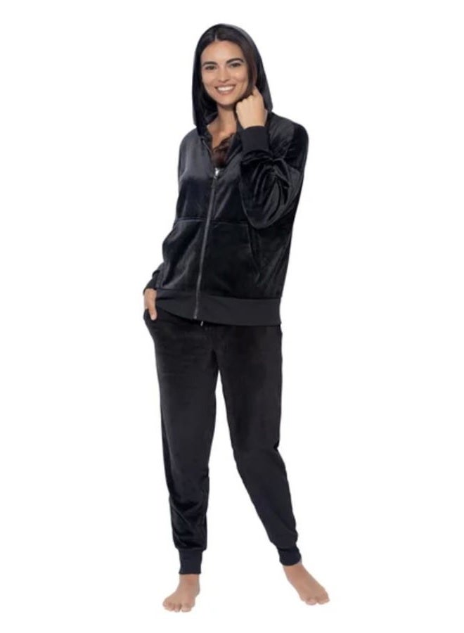 Felina Women's 2 Piece Velour Track Suit, Hoodie and Jogger Lounge Set, Black, S - Image 2