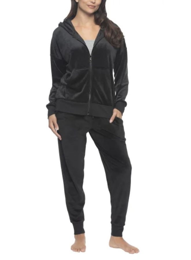 Felina Women's 2 Piece Velour Track Suit, Hoodie and Jogger Lounge Set, Black, S - Image 1