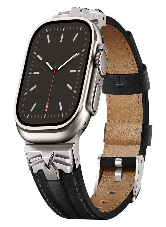 DABAOZA Compatible for Apple Watch Ultra 3 Band 49mm 46mm 45mm 44mm for Men Women, Genuine Leather Rugged Matel Connector Strap for iWatch Ultra 2 1 SE Series 11 10 9 8 7 6 5 4（Titanium/Black） - Image 1