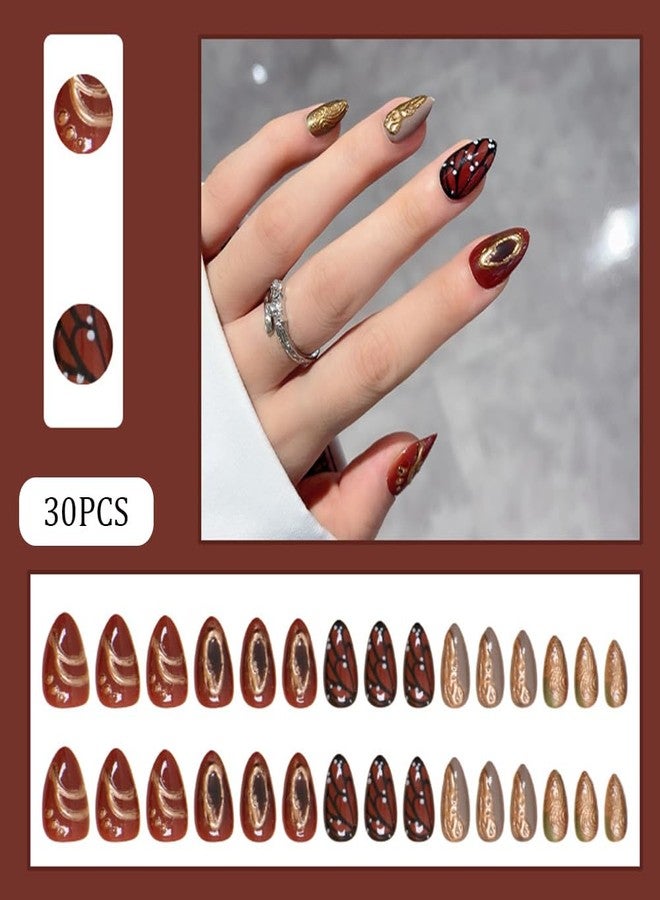 Hrnsnails Nail Press ons, Almond Press On Nails Short Fake Nails with Butterfly Lrregular Simplicity Manicure Design, Acrylic Artificial False Nails Press On Stick On Nails for Women-30Pcs - Image 2