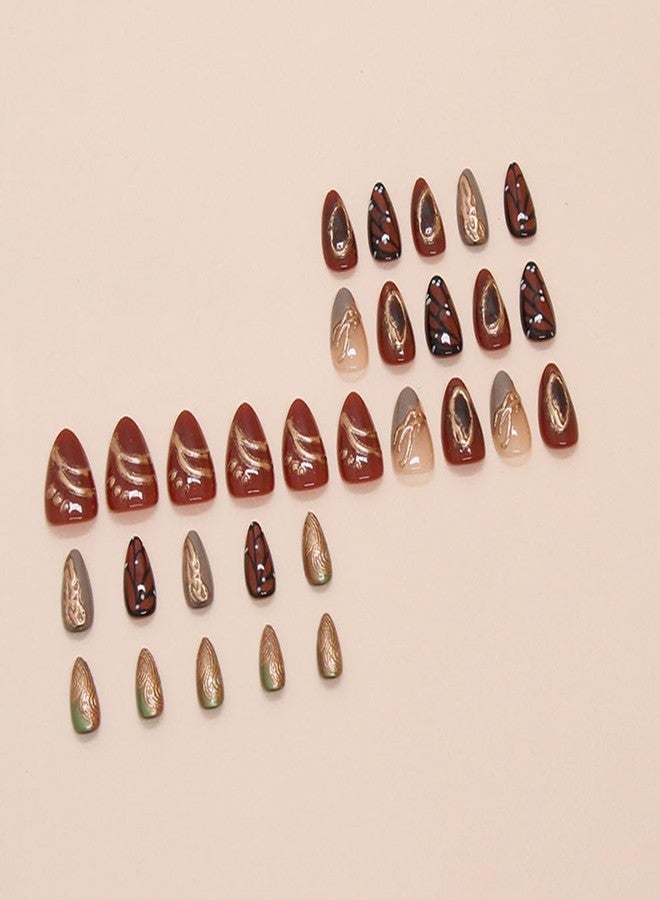 Hrnsnails Nail Press ons, Almond Press On Nails Short Fake Nails with Butterfly Lrregular Simplicity Manicure Design, Acrylic Artificial False Nails Press On Stick On Nails for Women-30Pcs - Image 3