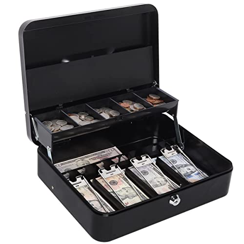 AARKRI SALES Steel Cash Box with Safe Key Lock | Tiered Money Coin Tray and Bill Slots | Portable and Compact | 2 Keys | Cash Box with Money Tray and Combination Lock Metal - Image 1