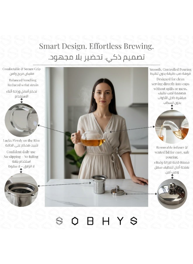 SOBHYS 600ml Glass Teapot with Stainless Steel Infuser – Heat Resistant up to 300°C – Anti-Drip Spout – Easy to Clean – Elegant European Design for Tea & Herbal Infusions - Image 3