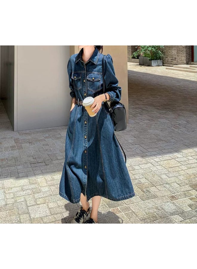 فستان جينز نسائي طويل بأكمام طويلة، فستان جينز عصري لفصلي الربيع والخريف