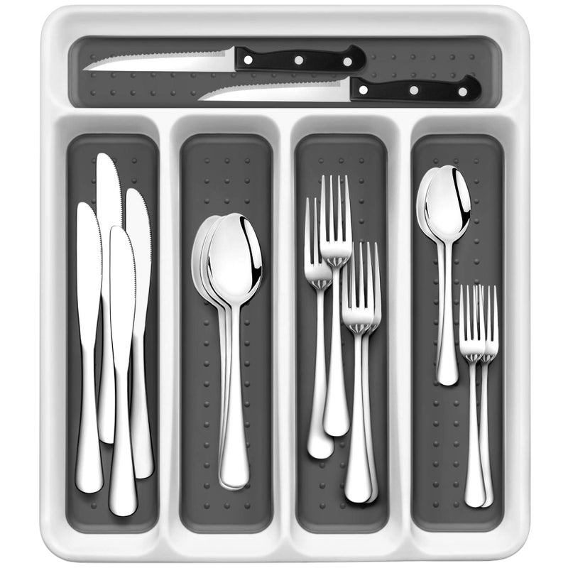 RayPard 24Piece Silverware Set Flatware Set Mirror Polished Dishwasher Safe Service for 4 Include ForkSpoon with 5Compartment Non Slip Silverware Drawer Organizer Box Tray