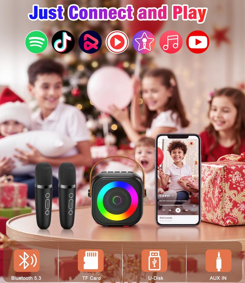 Pxzvd Mini Karaoke Machine, Portable Bluetooth Speaker with 2 Wireless Microphones for Kids & Adults, Karaoke Microphone with LED Lights, Gifts for Girls & Boys - Image 5