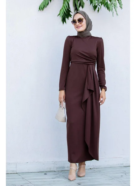 Tesettür Çarşım Hijab Bazaar Lily Drape Pleated Special Day Dress-Coffee