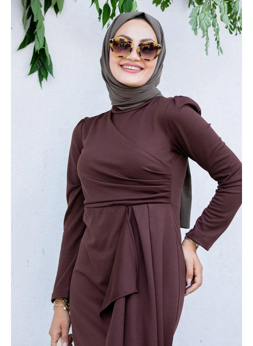 Tesettür Çarşım Hijab Bazaar Lily Drape Pleated Special Day Dress-Coffee