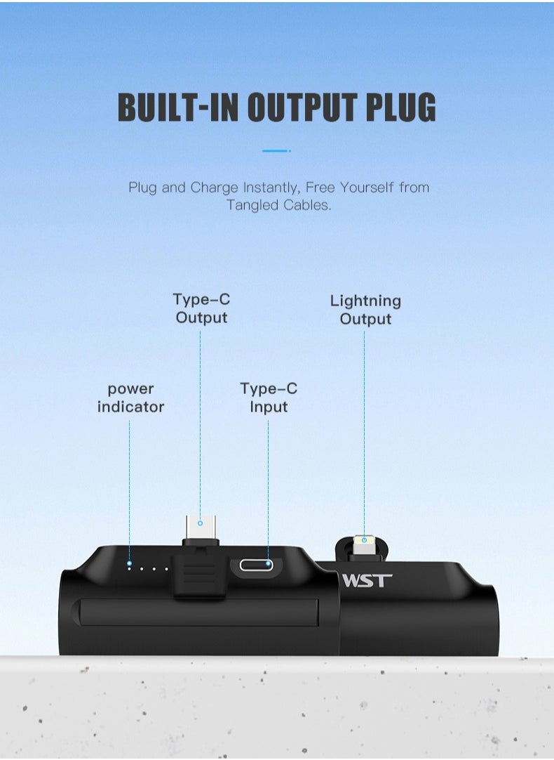 WST - WST Portable Mini Powerbank 5000mAh Quick Charge 20W PD Portable Charger Plug-in-Use Powerbank Compatible for Type-C devices (Android, iPhone 15 & 16 Series) - Black - Image 1
