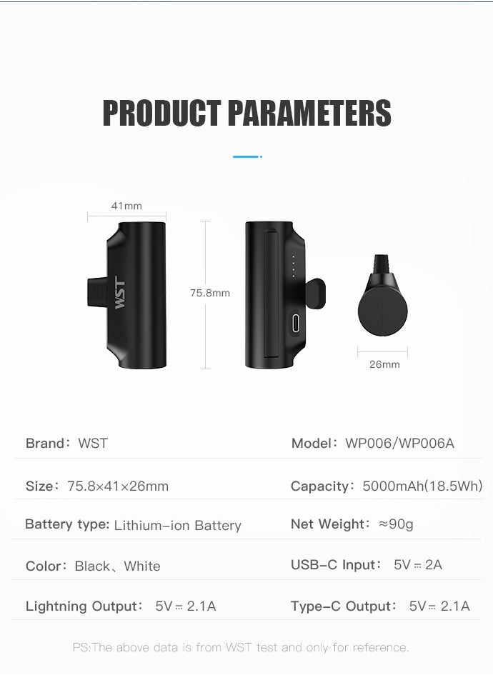 WST - WST Portable Mini Powerbank 5000mAh Quick Charge 20W PD Portable Charger Plug-in-Use Powerbank Compatible for Type-C devices (Android, iPhone 15 & 16 Series) - Black - Image 1