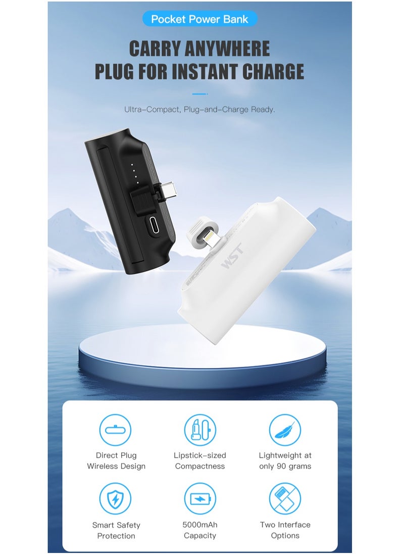 WST - WST Portable Mini Powerbank 5000mAh Quick Charge 20W PD Portable Charger Plug-in-Use Powerbank Compatible for Type-C devices (Android, iPhone 15 & 16 Series) - Black - Image 1
