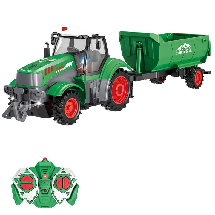 fisca Remote Control Tactor Toy Set 33PSC Farm Vehicle Playset 24GHz 124 Scale RC TractorDumpable Trailer Fence with Light for Kids Age 4 5 6 7 and Up Years Old - Image 1