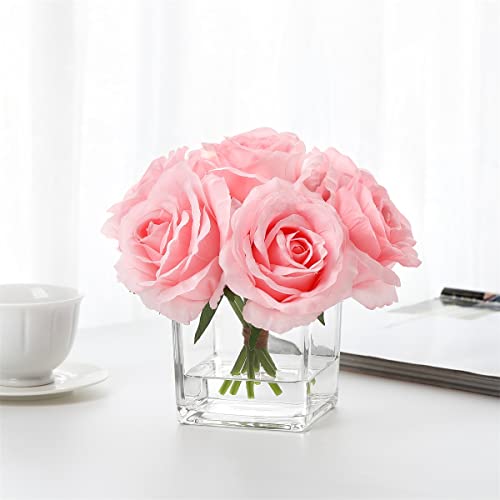 rubystory 7 Large Stem Pink Rose Artificial Flowers in Vase, Fake Rose with Fake Flowers in Vase for Home Decor, Wedding Table (Pink) - Image 2
