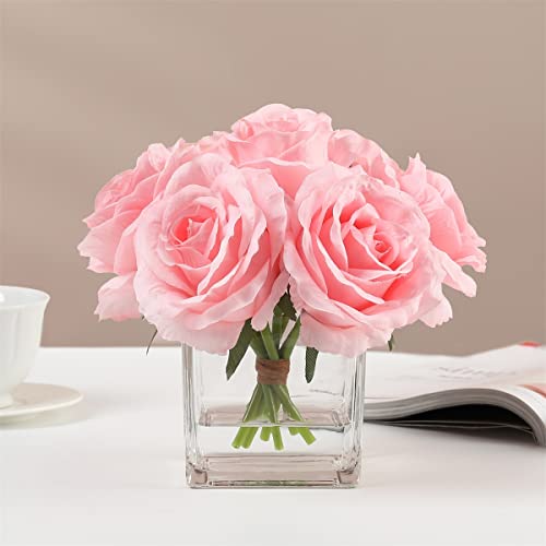 rubystory 7 Large Stem Pink Rose Artificial Flowers in Vase, Fake Rose with Fake Flowers in Vase for Home Decor, Wedding Table (Pink) - Image 4