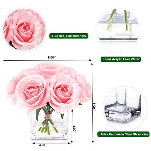 rubystory 7 Large Stem Pink Rose Artificial Flowers in Vase, Fake Rose with Fake Flowers in Vase for Home Decor, Wedding Table (Pink) - Image 3