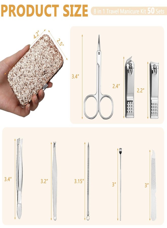 Geosar 50 Set 8 in 1 Travel Manicure Kit Bulk Professional Nail Clippers Pedicure Nail Care Tools Grooming Stainless Steel Set with Portable Travel Case, Gift for Valentine Men Women(Glitter Gold) - Image 2