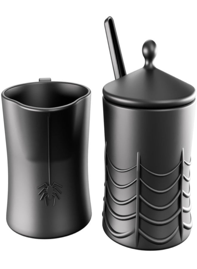 Nomnu New!! Black Spiderweb Sugar and Creamer Set. Ceramic Sugar Bowl with Lid and Spoon, and Creamer Pitcher. Gothic Decor, Perfect for Goth Lovers, Includes Spider-Embossed Design - Image 1