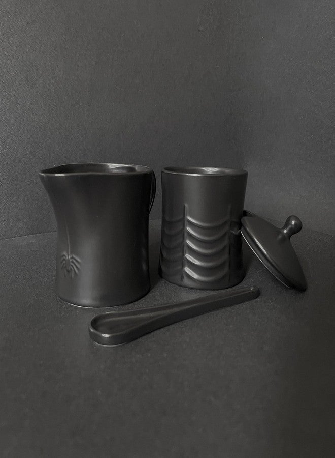 Nomnu New!! Black Spiderweb Sugar and Creamer Set. Ceramic Sugar Bowl with Lid and Spoon, and Creamer Pitcher. Gothic Decor, Perfect for Goth Lovers, Includes Spider-Embossed Design - Image 5