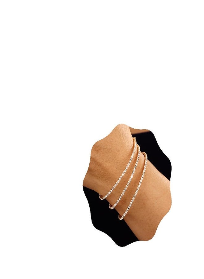 يرتير سوار YERTTER بثلاثة صفوف من الكريستال المرصع بالكامل بأحجار الراين المطلية بالذهب، سوار مطاطي بسلسلة تنس صغيرة، سوار زفاف هدية للنساء (النمط C - ذهبي) - Image 1