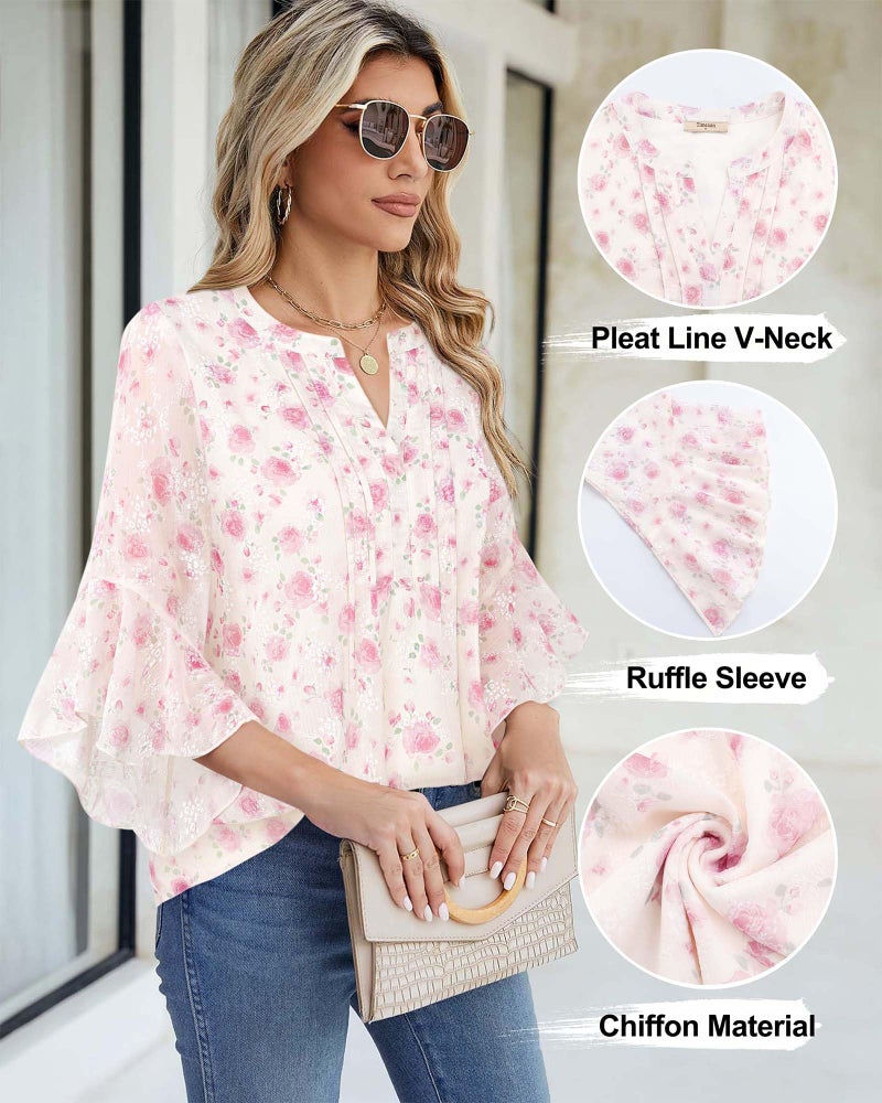 Timeson Womens Spring Tops: Dressy Casual Ladies Blouses - Work Shirt for Women Office 3/4 Sleeve Summer Business Attire Loose Fitted Fashion 2026 Floral Chiffon Tunics Evening Date Red Rose L - Image 4