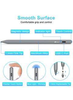Mezone Universal Stylus Pen for Touch Screens, 1.5mm Fine Tip Compatible with iOS and Android Devices, with Palm Rejection & Magnetic Attachment, for Drawing and Handwriting, Space Grey  - Image 2