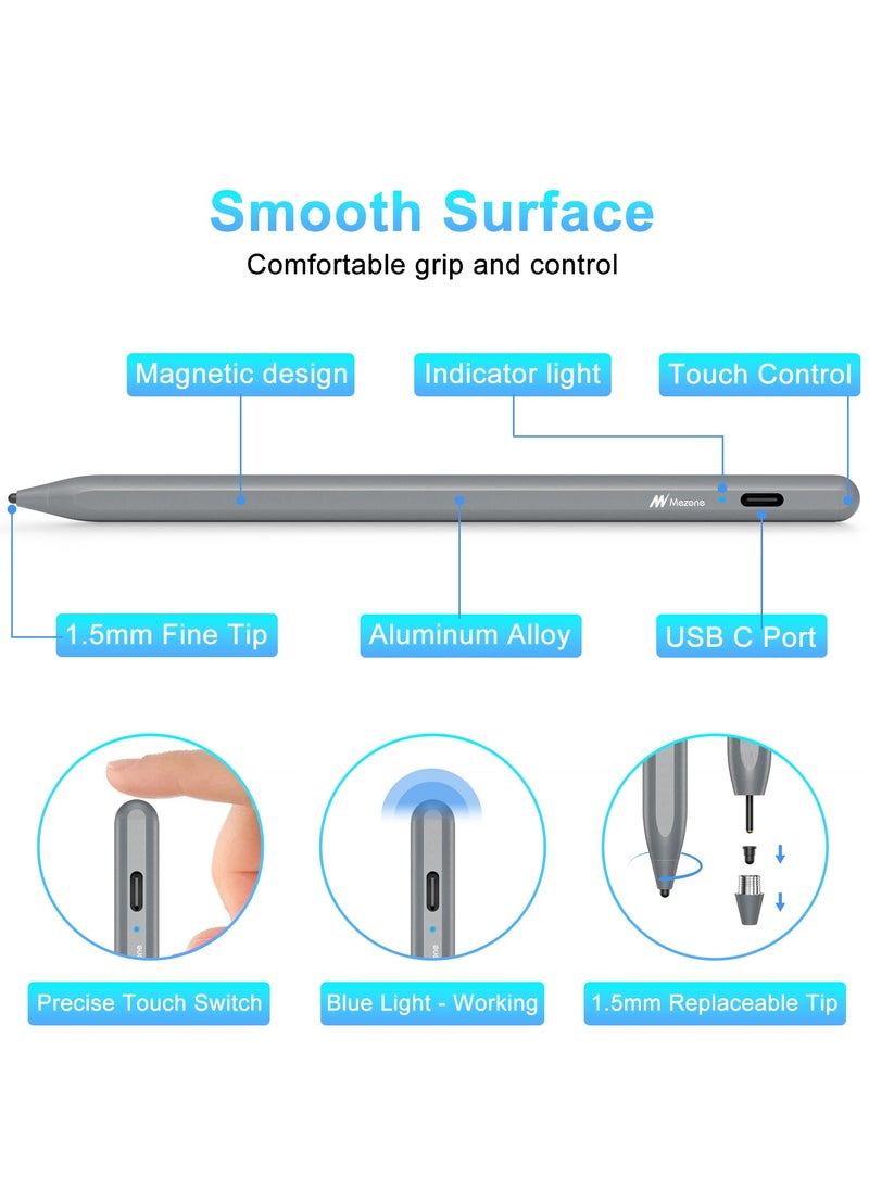 Mezone - Universal Stylus Pen for Touch Screens, 1.5mm Fine Tip Compatible with iOS and Android Devices, with Palm Rejection & Magnetic Attachment, for Drawing and Handwriting, Space Grey - Image 1
