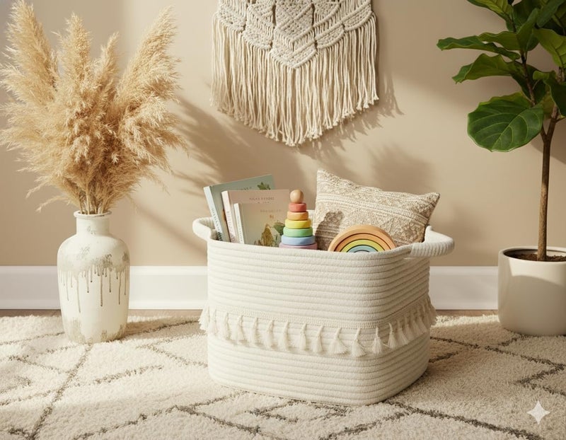 TeoKJ White Cotton Rope Baskets for Storage, Set of 3 Woven Laundry Baskets for Organizing and Storing, Blanket Basket for Living Room, Laundry, Bathroom, Shelves - Image 5