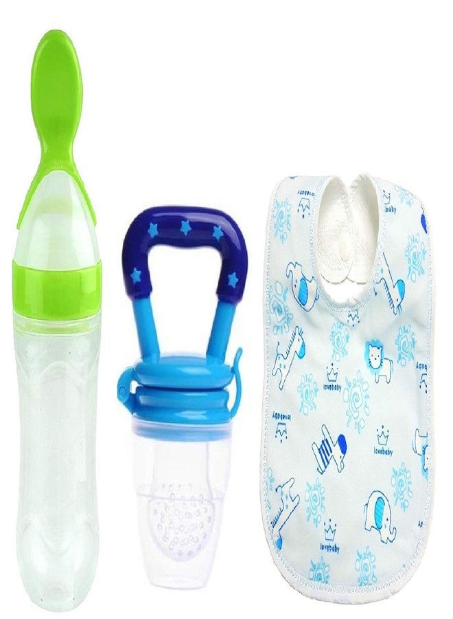 Lappu Silicone Baby Food Feeder 90Ml And Baby Food Fruit Nibbler Pacifier With Baby Waterproof Soft Bib(Green-Blue) - Image 1