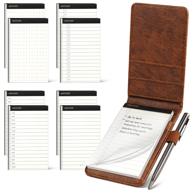 WEMATE 10 Pieces Notepad Holder Set Pocket Notebook - Included Mini Pocket Notepad Holder Set with 8 Memo Book Refills and Metal Pen for Meetings, Daily Records, and Notes 3 x 5 Inch (Brown) - Image 1